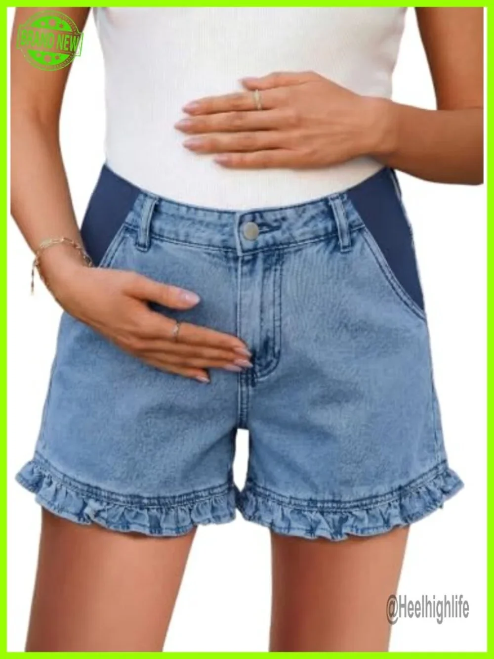 Maternity High Rise Denim Shorts Ruffle Hem Over-Belly Cotton Blend
